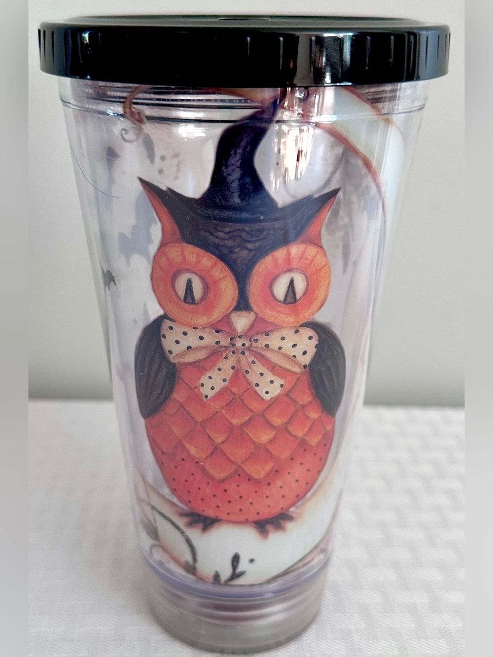 Boston Warehouse Halloween Owl Light Up Tumbler Cup Black Lid Bats Witch 7.25”